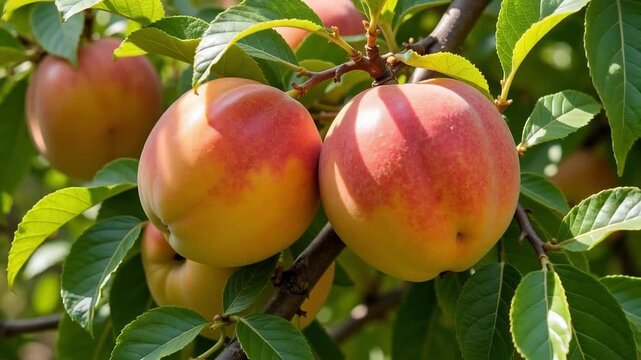 Plump nectarines hanging from lush green branches gently swaying in the summer breeze, creating a vibrant and refreshing orchard scene in 4k video footage.