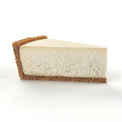 A slice of creamy cheesecake with a graham cracker crust on a white background
