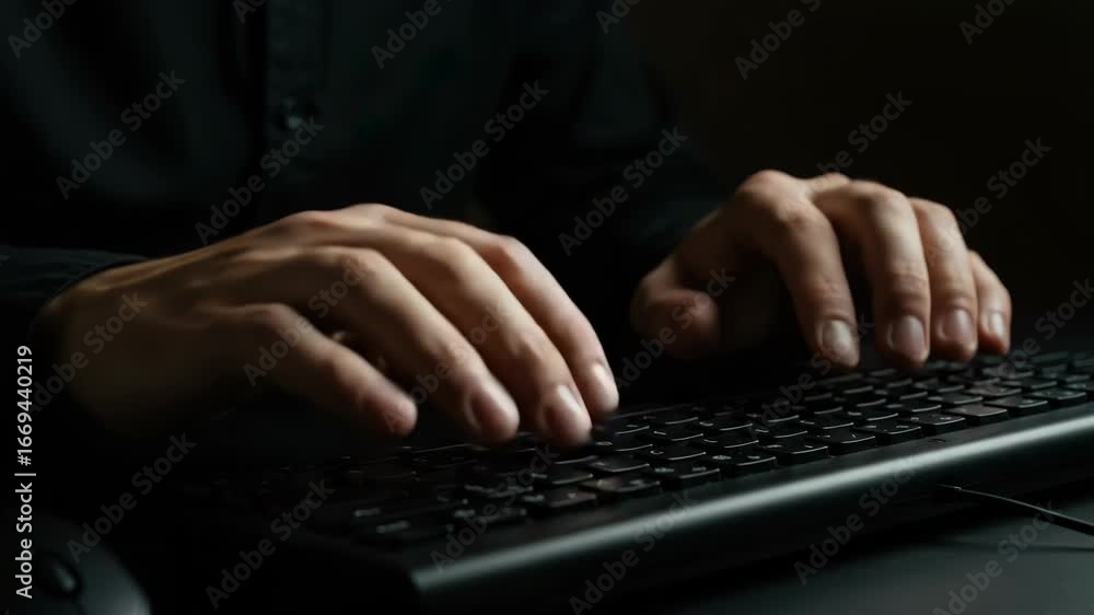 Poster closeup of hands typing on a computer keyboard, fingers pressing keys with focus on the task in a da