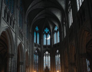 A serene cathedral interior bathed in soft light through stained glass windows, with a crescent moon visible in one of the arches, creating a tranquil and timeless atmosphere