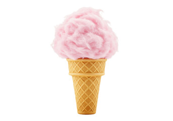 Isolated pastel pink cotton candy in a waffle cone, sweet food, fun dessert treat