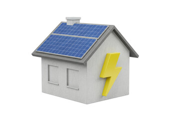 Isolated concrete house with solar panels and lightning bolt for alternative energy