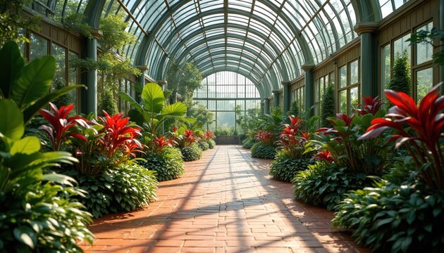 Elegant botanical conservatory with rich exotic plants, sunlit walkways, ample writing space perfect for retirement party invitations celebration details. Offers tranquil, premium setting for special