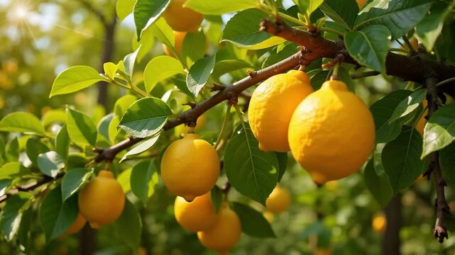 Vibrant ripe lemons hanging from lush tree branches bathed in warm sunlight, a symbol of freshness and natural beauty in a 4k video.