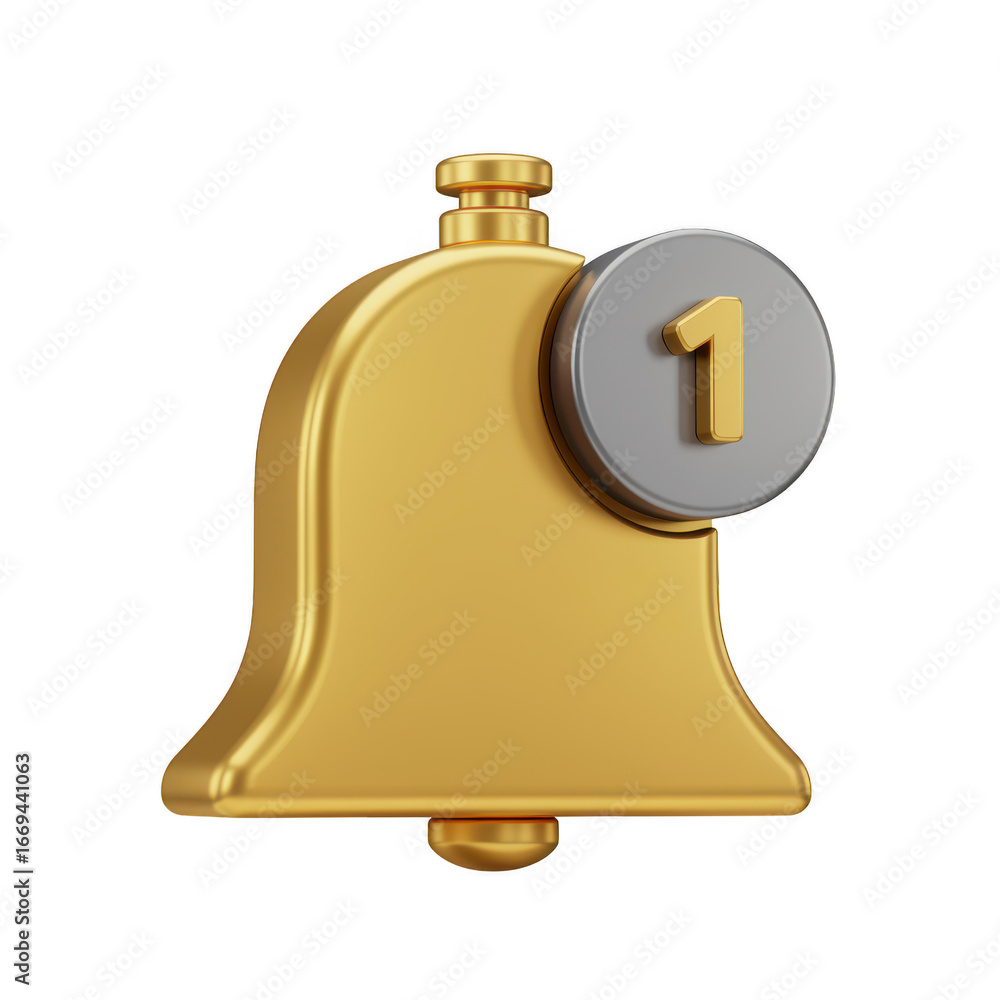 Poster golden notification bell with number one badge isolated on transparent background