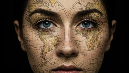 A woman's face with a vintage world map projected or painted onto it.