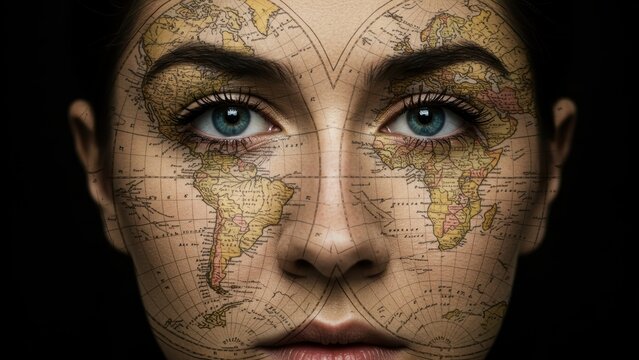 A woman's face with a vintage world map projected or painted onto it.