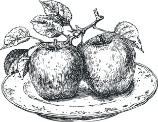 Two Ripe Apples with Leaves on a Decorative Plate
