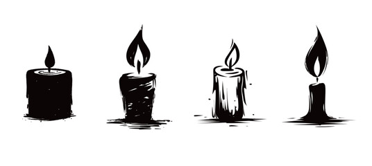 Four black candles with distinct styles are displayed side by side, each featuring a unique flame shape against a clean white background, creating a striking visual contrast.