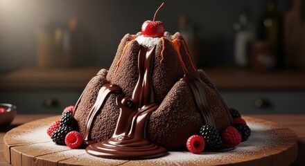 Indulge in a stunning chocolate volcano cake with fresh berries and a bright cherry on top for a delicious dessert