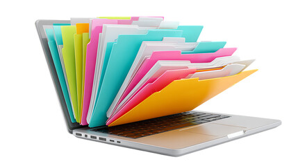 Colorful folders overflowing from laptop screen.