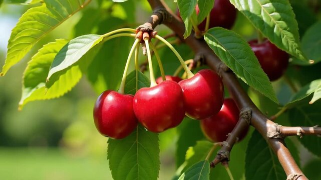 Sparkling red cherries hanging on lush green branches swaying gently in the breeze, a vibrant 4k video perfect for summer scenes.