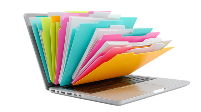 Colorful folders overflowing from laptop screen.