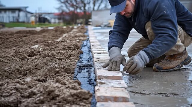 Landscaper laying paving stones.