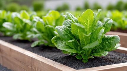 Lush green lettuce growing in a garden bed, showcasing fresh produce and healthy gardening practices.