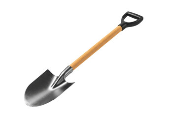Isolated metal shovel for digging and gardening, tool with wooden handle, stock photo