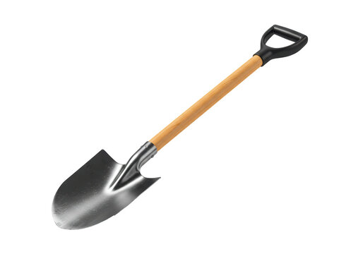Isolated metal shovel for digging and gardening, tool with wooden handle, stock photo