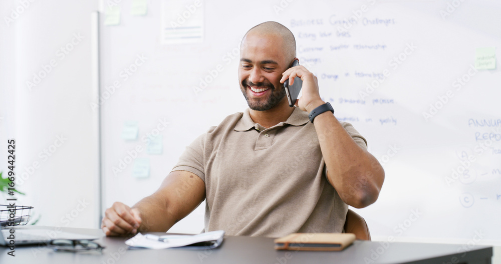 Poster man, phone call and smile with communication, idea and notes for project management in office. perso