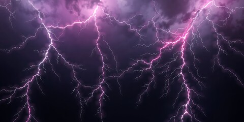 Powerful purple lightning bolts strike through stormy dark clouds creating a dramatic sky