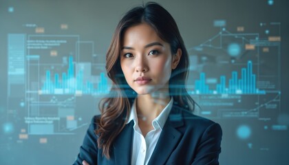 Confident businesswoman stands before futuristic digital data analytics graphics. Wears pro suit, embodying corporate finance, marketing, executive leadership. Visual dashboard displays charts,