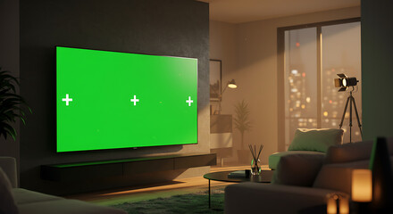 Living room with a green screen mockup on a digital display, offering screen replacement, device branding, and creative billboard advertising options