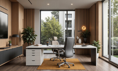 Minimalist home office with ergonomic desk, smart lighting, and integrated AI assistant. A modern home office featuring a minimalist ergonomic desk, smart lighting