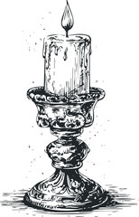 Ornate Candelabra Holding Dripping Wax Candle in Black and White Sketch Style