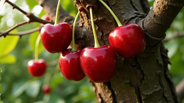 Sweet, ripe cherries hanging from tall tree branches bathed in warm sunlight, a vibrant 4k video showcasing nature's bounty.