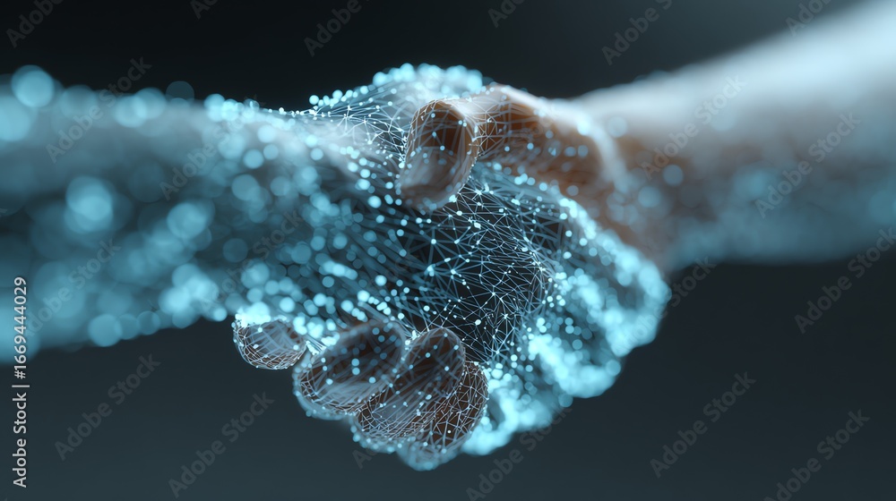 Poster a digitally constructed hand emerges from a swirling network of glowing particles, symbolizing conne