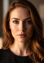 Fototapeta premium Radiant Aura: A striking portrait of a beautiful woman with flowing auburn hair, her gaze capturing a sense of allure. This image, illuminated with soft light, highlights her natural beauty.