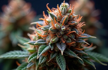 Close-up of vibrant cannabis buds showing orange hairs, green leaves. Plant features crystalline texture, rich, organic aroma. Focus on natural growth, detailed structure of herb, suitable for