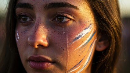 Young woman with face paint and a tear on her cheek.