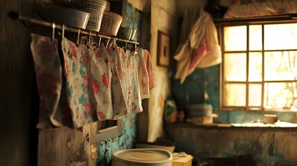Rustic Vintage Kitchen Interior with Floral Fabrics Hanging