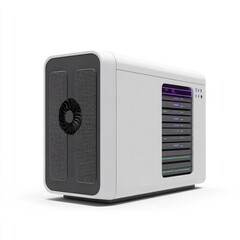 Fototapeta premium Isolated White Server Rack with Cooling Fan and Illuminated Data Slots