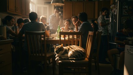 A cat naps on a chair in the middle of a family dinner.
