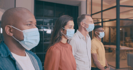Business people, face mask and meeting at startup, office or social distancing for virus at company. Men, woman or group with PPE in waiting room for bacteria, compliance or safety at creative agency