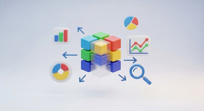 3d data analysis concept with cubes, charts, magnifying glass, and arrows isolated on white background