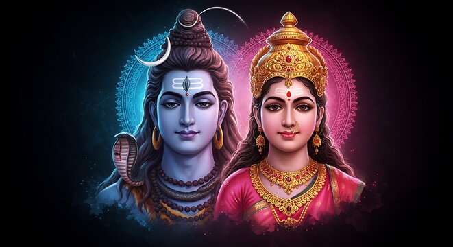 Hindu deities shiva and parvati, divine couple in traditional attire. Spirituality.