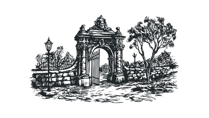 Fototapeta premium Ornate Archway Gate Entrance with Lamp Post and Tree Scene. Vector hand drawn illustration