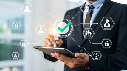 Professional manager uses tablet to analyze workflow, optimizing business processes with digital network and success indicators.