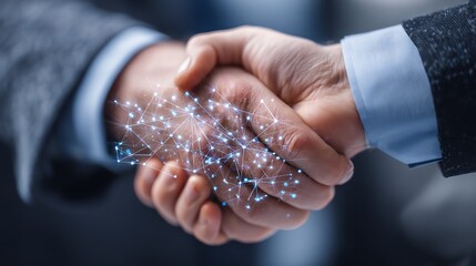 A close-up depicts a handshake with a glowing network of interconnected nodes forming between the hands, symbolizing a successful agreement and digital connection.