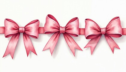 Collection of three pink ribbon bows in vintage watercolor illustration style. Feminine design features preppy aesthetic with coquette touch. Soft pastel shades, charming details make perfect for