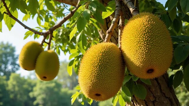 Vibrant jackfruits hanging on healthy tree branches, showcasing natural beauty in lush tropical environment, perfect for travel and food content