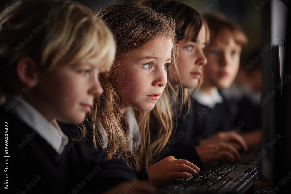 Poster techsavvy primary school children collaboratively engaging with computers in a classroom environment