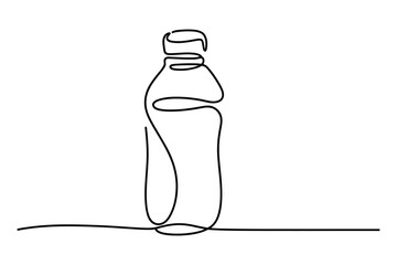 Minimalist continuous line drawing of a simple water bottle standing on a flat surface isolated on white