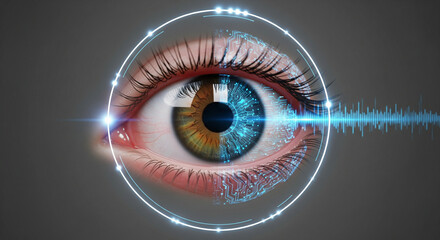 Vision of the Future: An up-close look at a digitally enhanced human eye, with a focus on advanced technology and its impact on the human form.