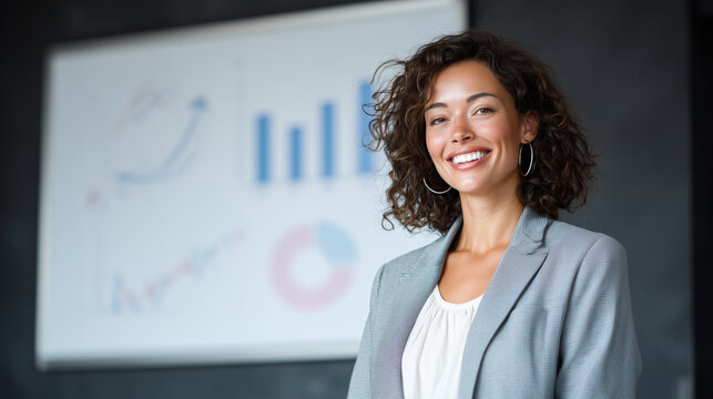 female leader, woman giving presentation with charts