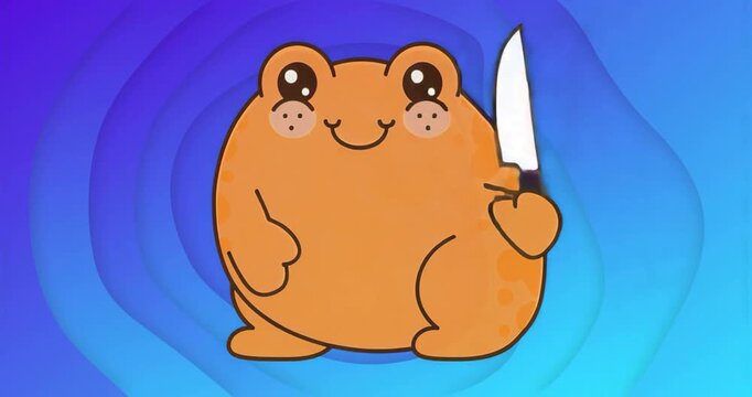 At start orange frog holding chef knife and tilting blade back-and-forth against blue-purple swirl