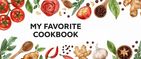 "My Favorite Cookbook" text surrounded by watercolor illustrations of various cooking ingredients.