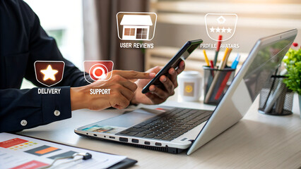 Professional managing online business services on phone and laptop, boosting customer satisfaction...